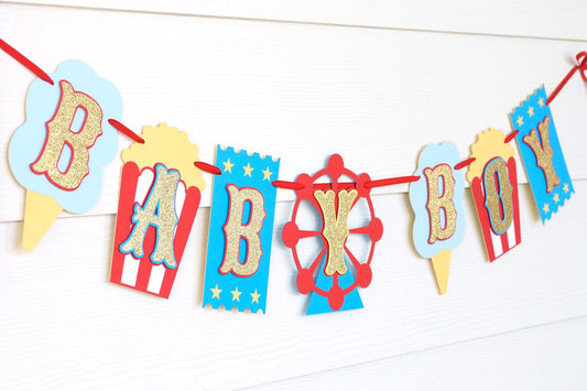 Carnival Baby Shower Banner: Ferris Wheel, Cotton Candy, Glitter Gold