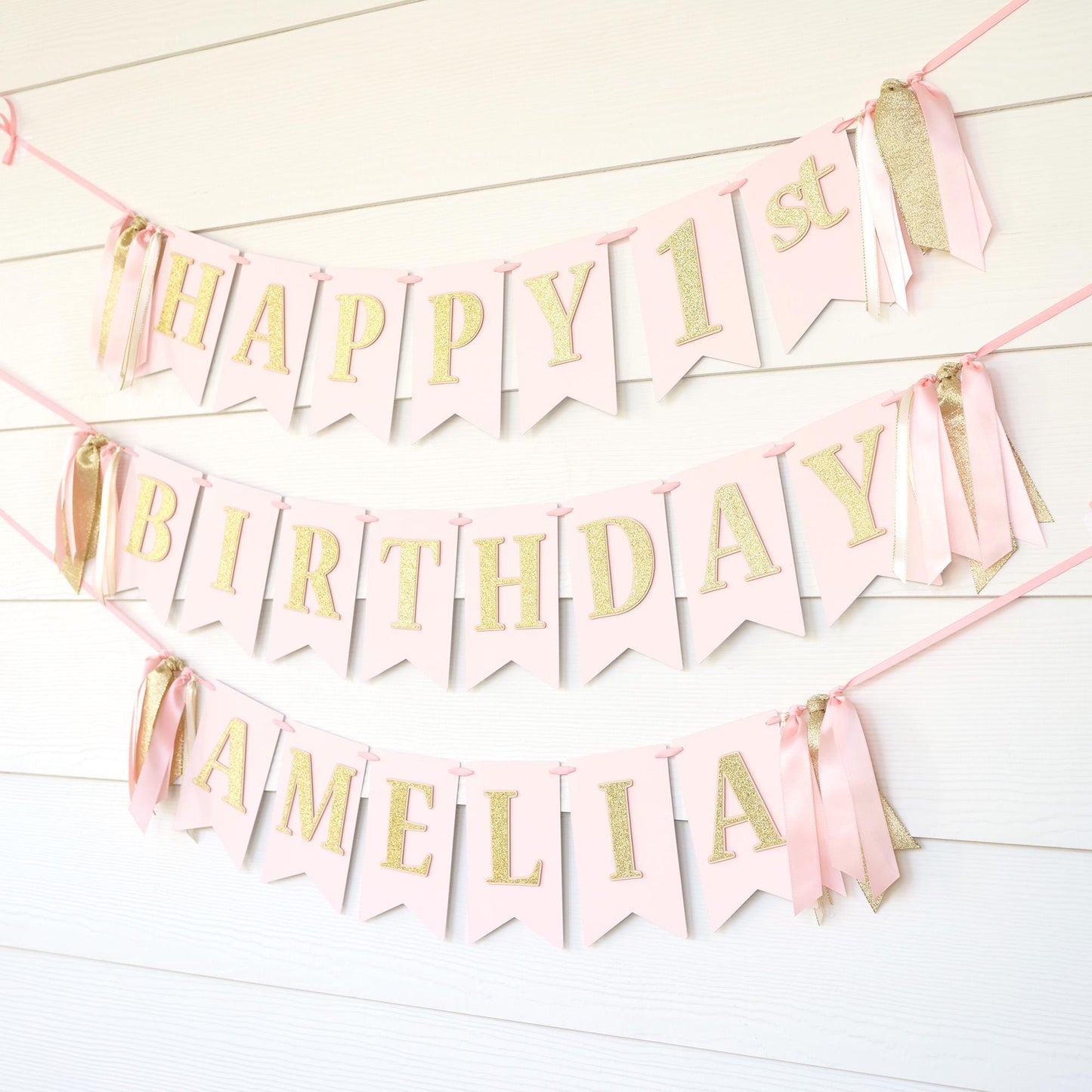 Blush Pink, Ivory and Gold Birthday Banner with Ribbon