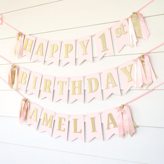 Blush Pink, Ivory and Gold Birthday Banner with Ribbon