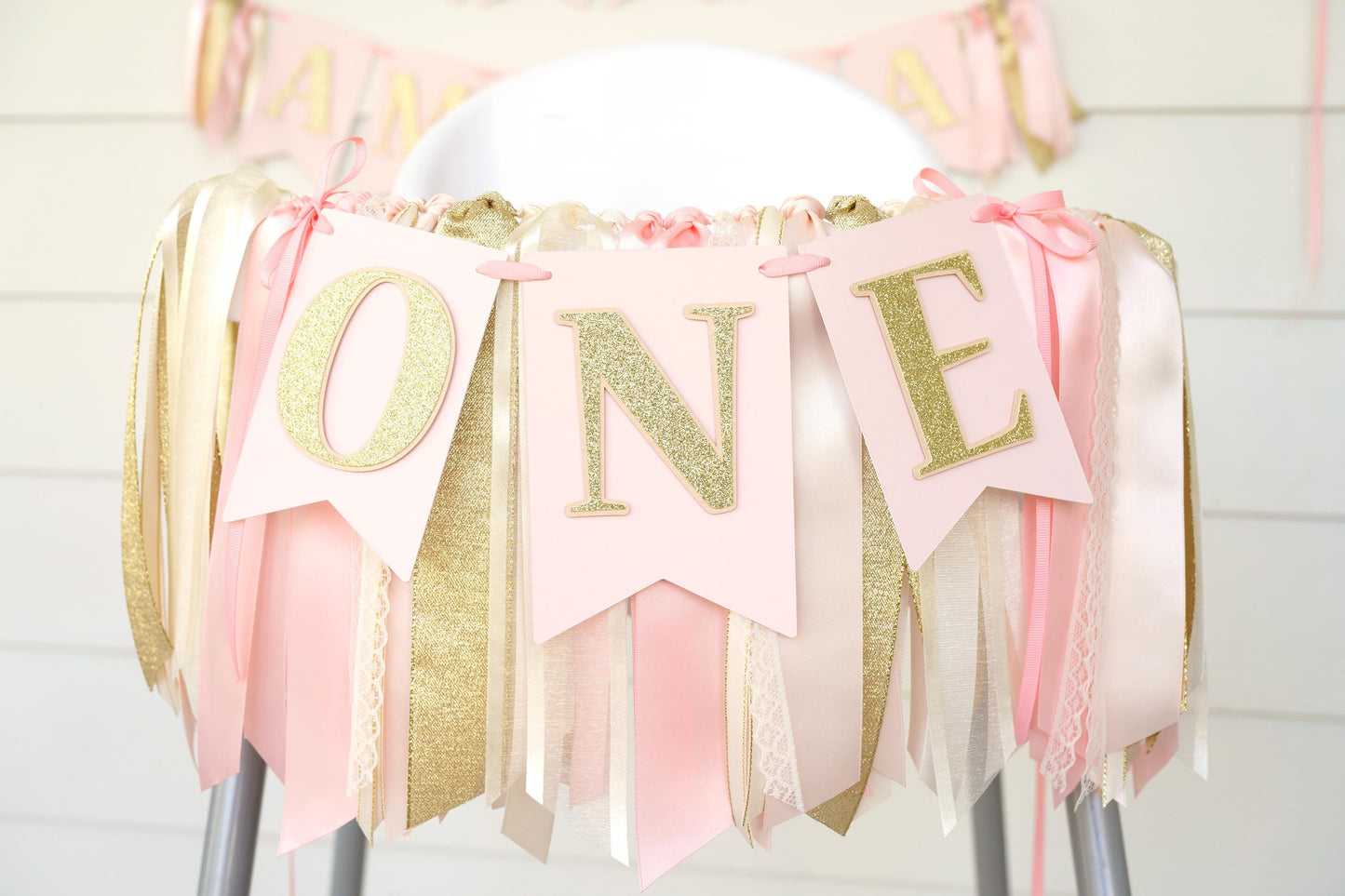 Blush Pink and Gold Banner and Ribbon Garland Set: Blush Pink, Ivory and Gold