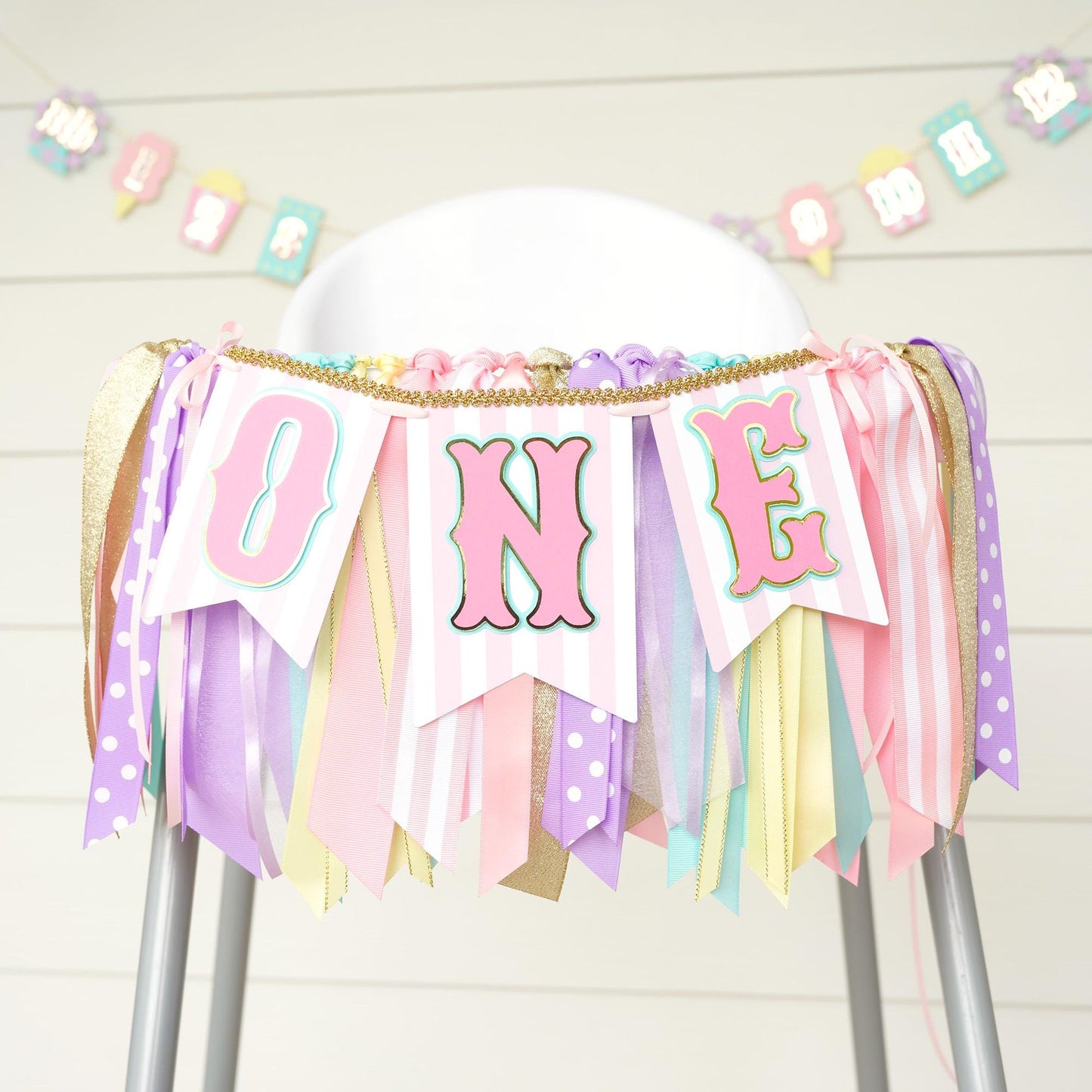 Pastel Carnival Circus High Chair Banner and Ribbon Garland Set | Pink, Light Purple, Light Aqua, Pastel Yellow and Gold 'ONE' or 'TWO'