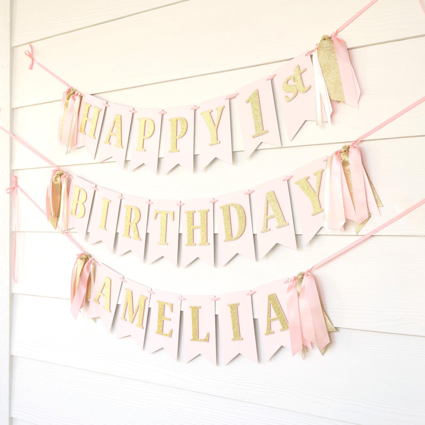 Blush Pink, Ivory and Gold Birthday Banner with Ribbon