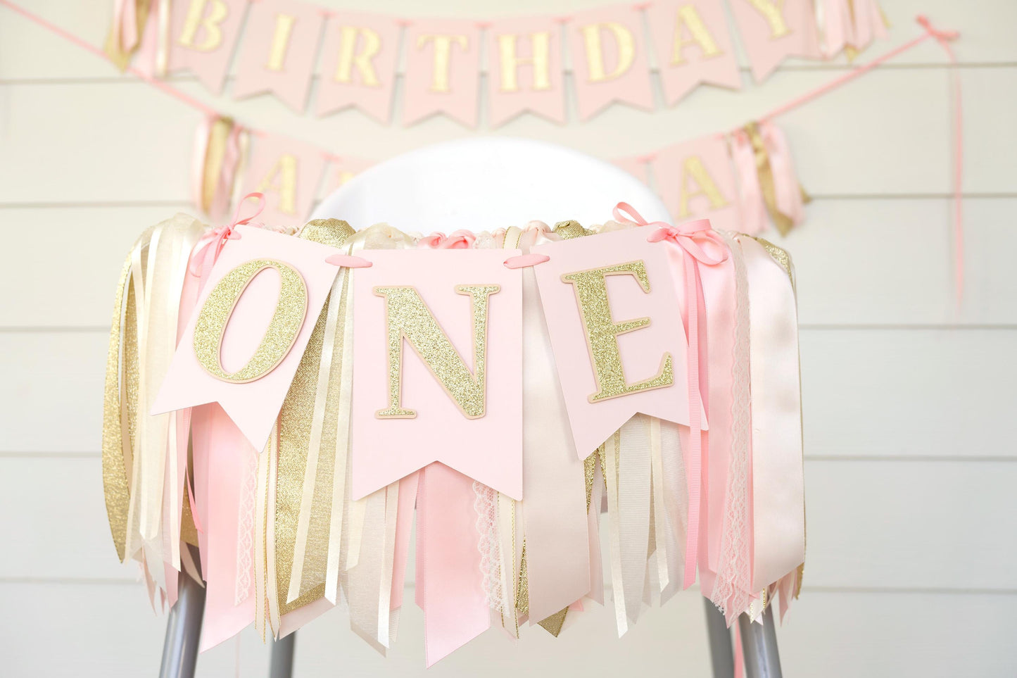 Blush Pink and Gold Banner and Ribbon Garland Set: Blush Pink, Ivory and Gold