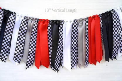 Race Car Ribbon Garland: Red Black White Silver Checkered Party Decoration