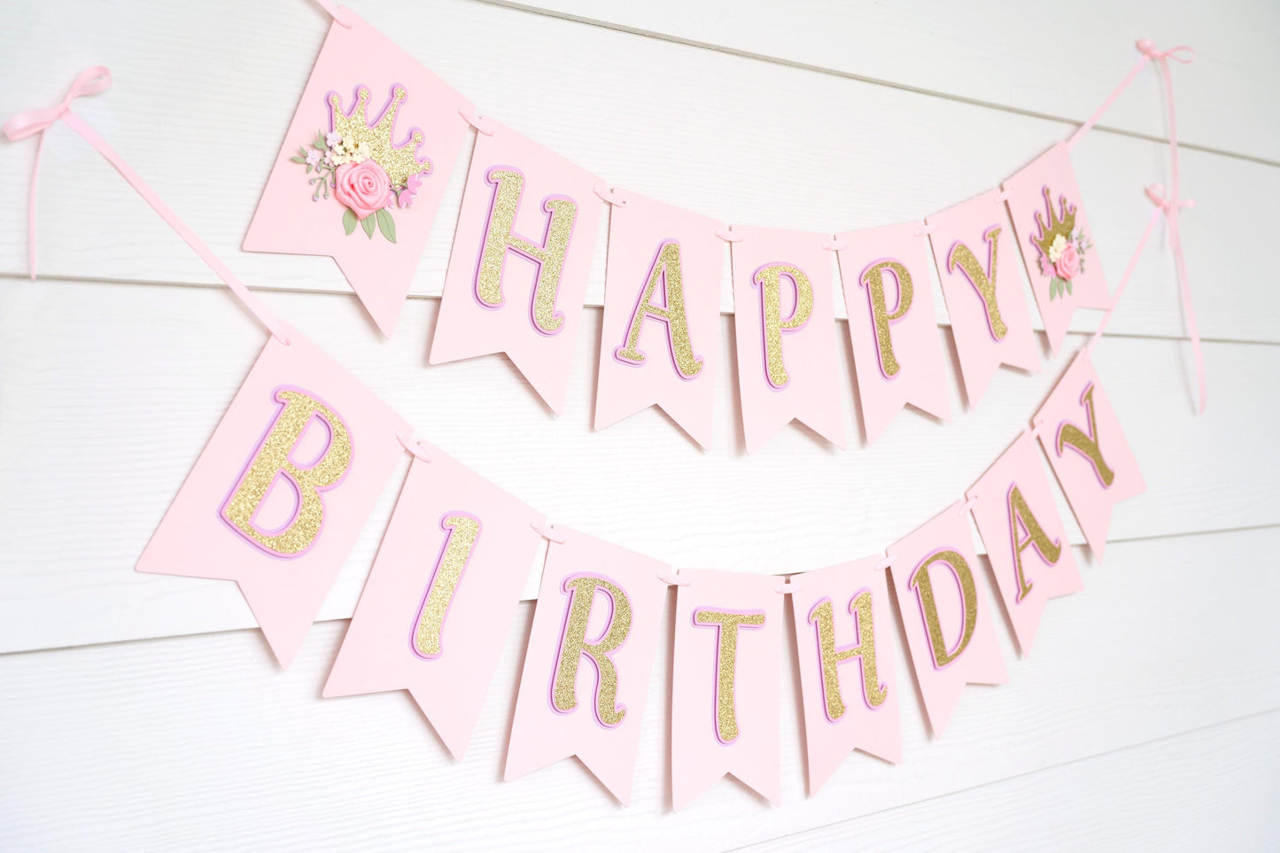 Pink, Lavender and Gold Birthday Banner with Tiara and Flowers | Princess Party Decor