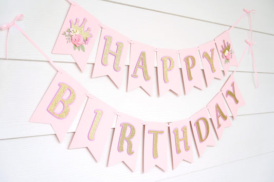 Pink, Lavender and Gold Birthday Banner with Tiara and Flowers | Princess Party Decor