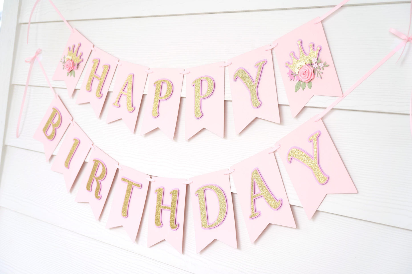 Pink, Lavender and Gold Birthday Banner with Tiara and Flowers | Princess Party Decor