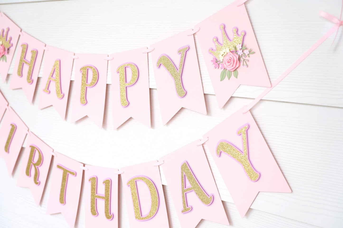 Pink, Lavender and Gold Birthday Banner with Tiara and Flowers | Princess Party Decor