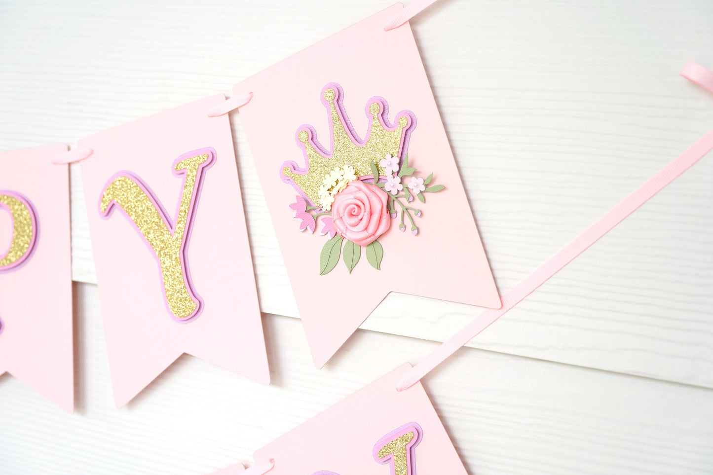 Pink, Lavender and Gold Birthday Banner with Tiara and Flowers | Princess Party Decor