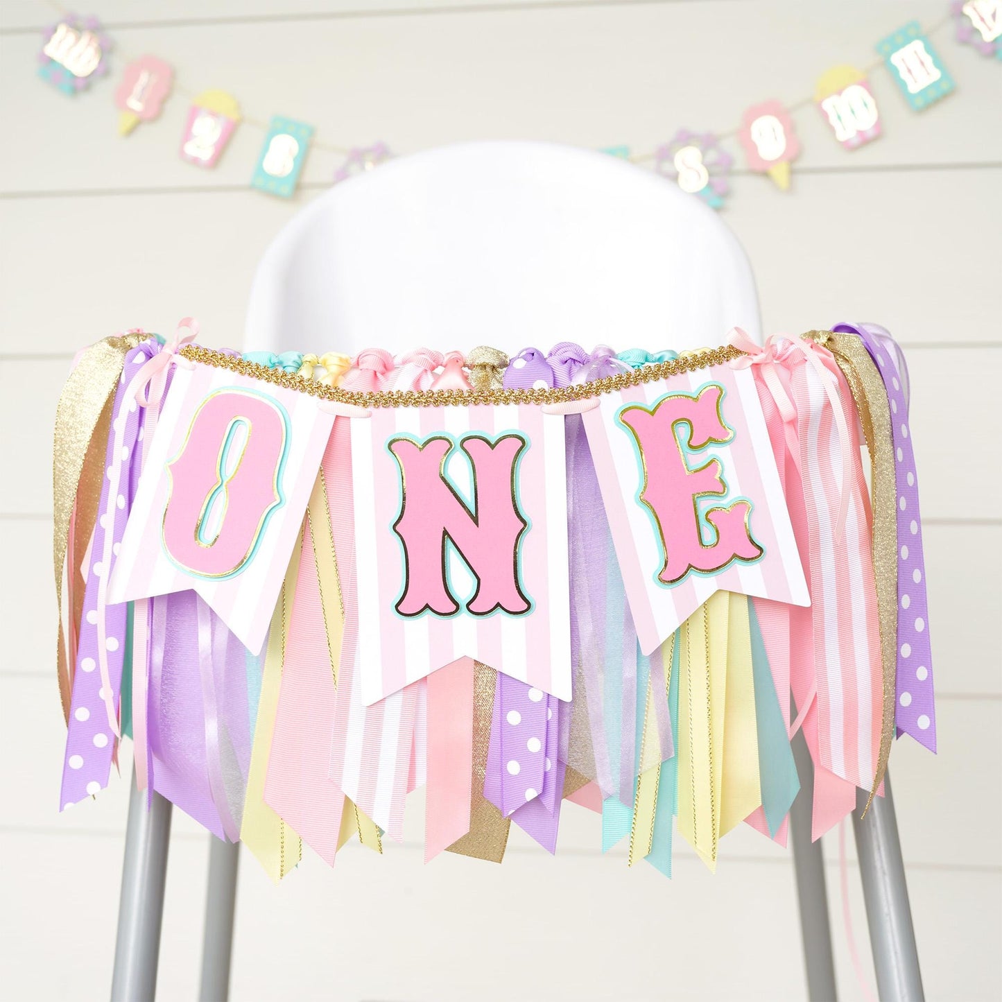 Pastel Carnival Circus High Chair Banner and Ribbon Garland Set | Pink, Light Purple, Light Aqua, Pastel Yellow and Gold 'ONE' or 'TWO'
