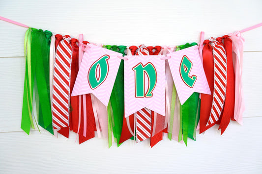 Pink Grinch Christmas High Chair Banner: First Birthday Decor