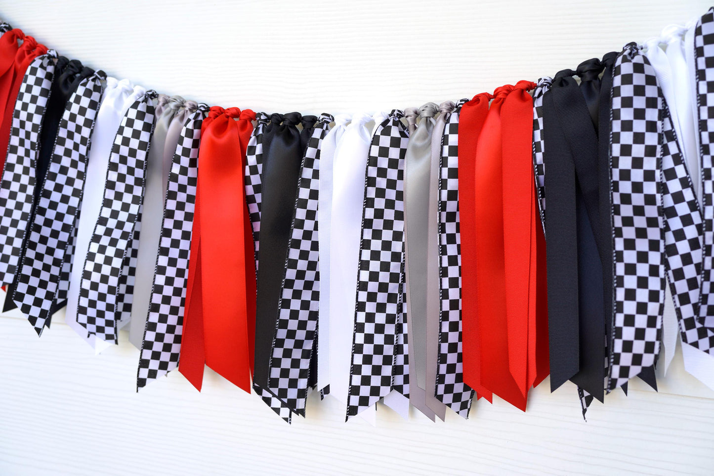 Race Car Ribbon Garland: Red Black White Silver Checkered Party Decoration