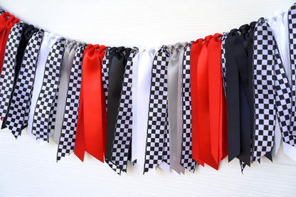 Race Car Ribbon Garland: Red Black White Silver Checkered Party Decoration