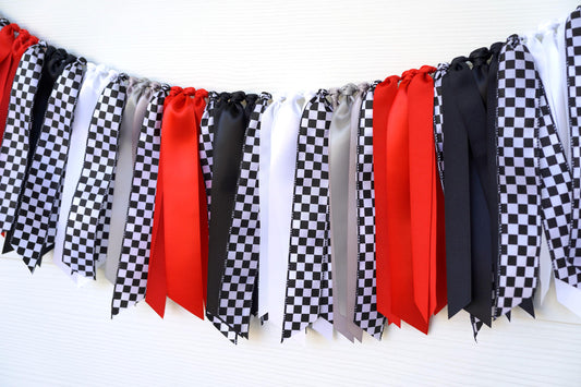 Race Car Ribbon Garland: Red Black White Silver Checkered Party Decoration