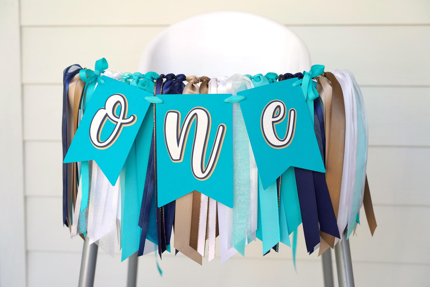 Cinnabon High Chair Banner and Ribbon Garland Set | Teal, Navy, White Sweet ONE Party