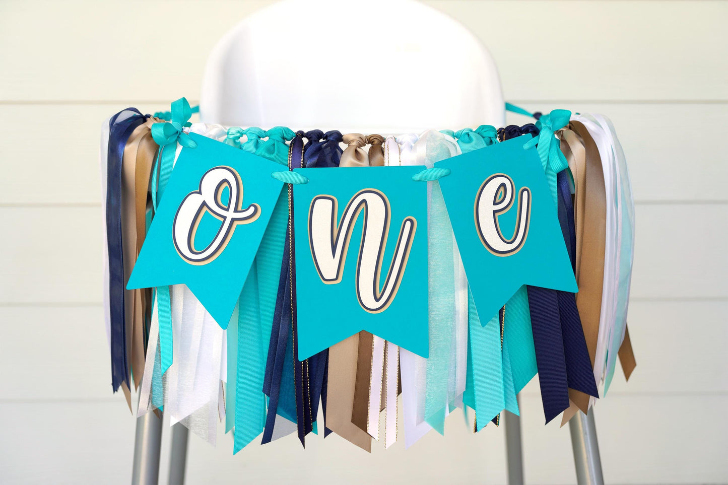 Cinnabon High Chair Banner and Ribbon Garland Set | Teal, Navy, White Sweet ONE Party