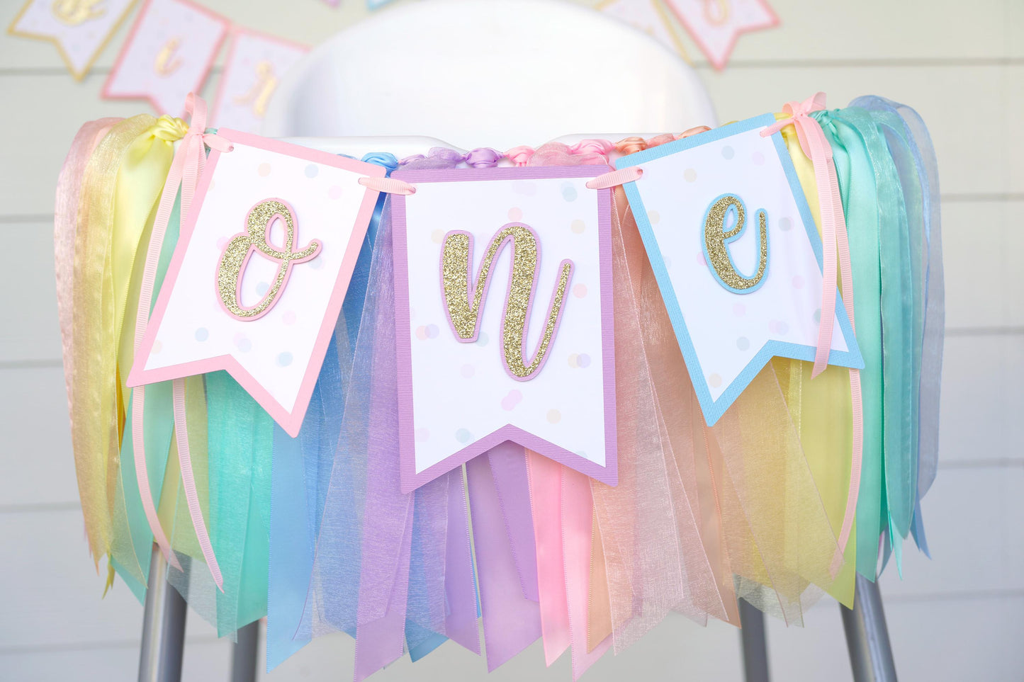 Pastel Rainbow High Chair Banner & Ribbon Garland: Unicorn Ice Cream Party