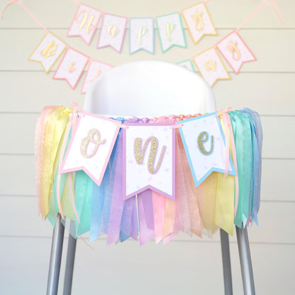Pastel Rainbow High Chair Banner & Ribbon Garland: Unicorn Ice Cream Party