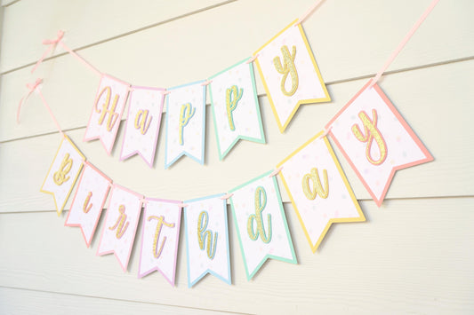 Pastel Rainbow Birthday Banner: Gold Glitter Cursive Letters