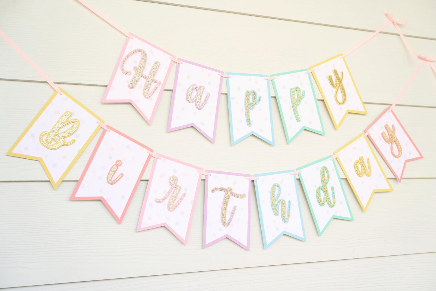Pastel Rainbow Birthday Banner: Gold Glitter Cursive Letters