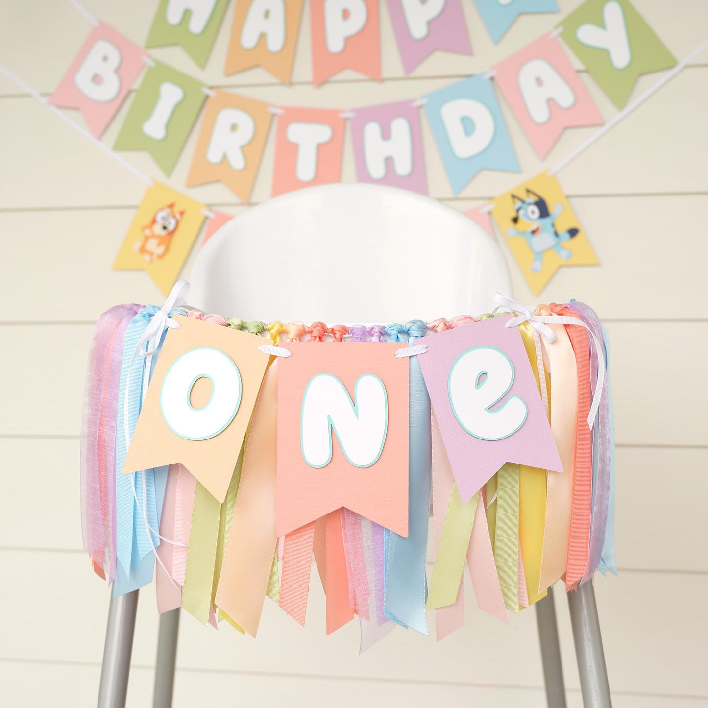 Bluey High Chair Banner: 'ONE' or 'TWO' - Pastel Rainbow Ribbon Garland
