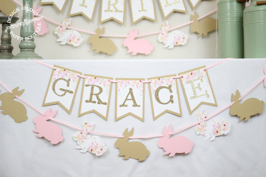 Personalized Floral Birthday Banner and Bunny Garlands