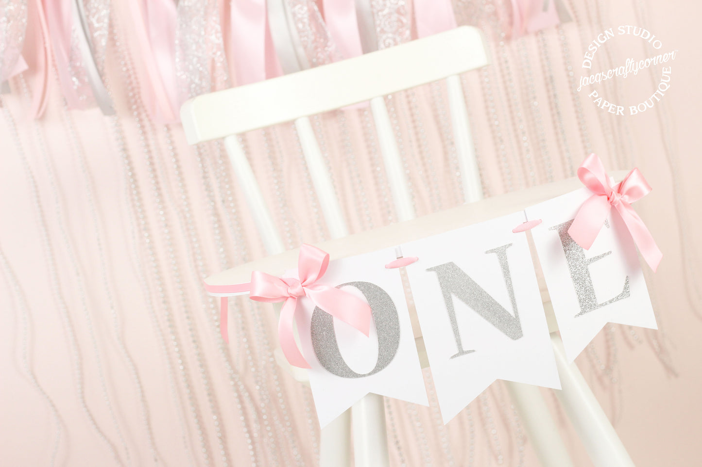 Pink and Silver First Birthday Banner with Bows