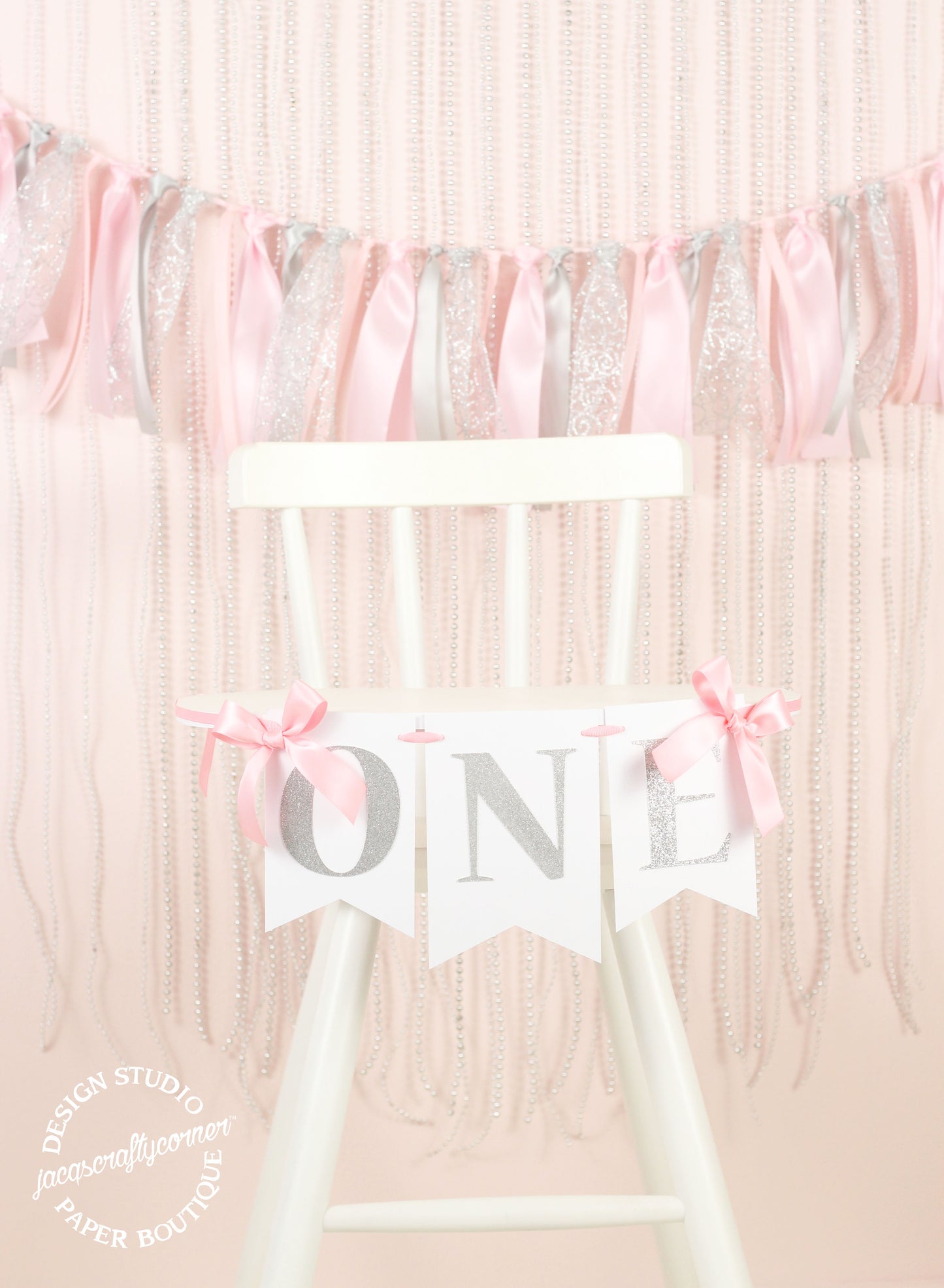 Pink and Silver First Birthday Highchair Banner with Bows