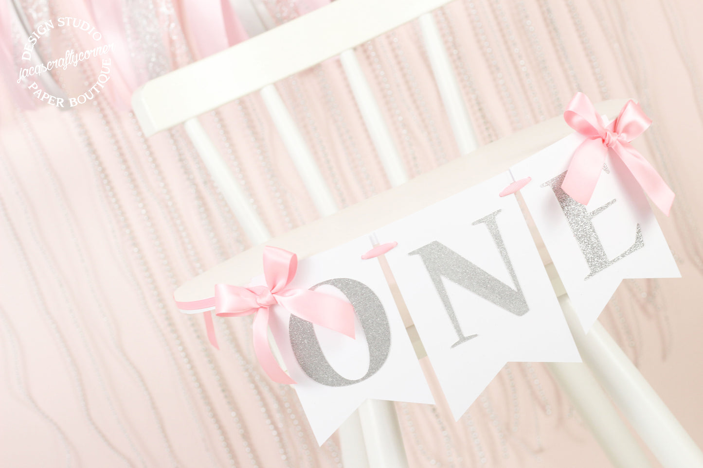 Pink and Silver First Birthday Highchair Banner with Bows