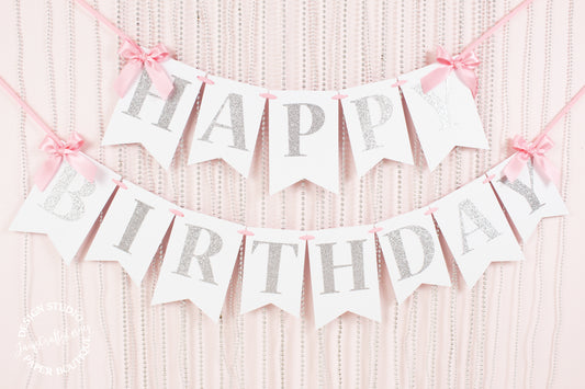 Pink and Silver First Birthday Banner with Bows